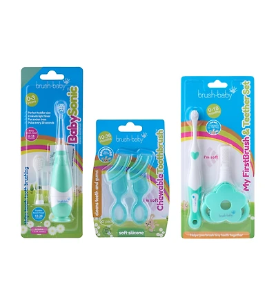 Brush-Baby First Tooth Gift Set | Includes BabySonic Teal Electric Toothbrush, Baby's First Brush & Teether & Chewable Toothbrush For Babies & Toddler