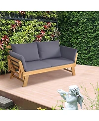 Gymax Adjustable Patio Sofa Daybed Acacia Wood Furniture w/ Cushion Pillow