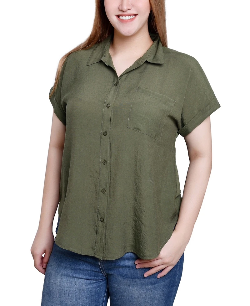 Ny Collection Short Sleeve Woven Front-Jersey Back Top