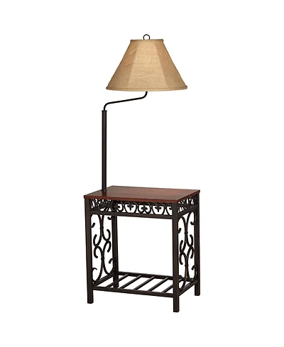 Regency Hill Travata Rustic Vintage Floor Lamp with End Table 54" Tall Bronze Scrollwork Swing Arm Burlap Fabric Empire Shade for Living Room Rea