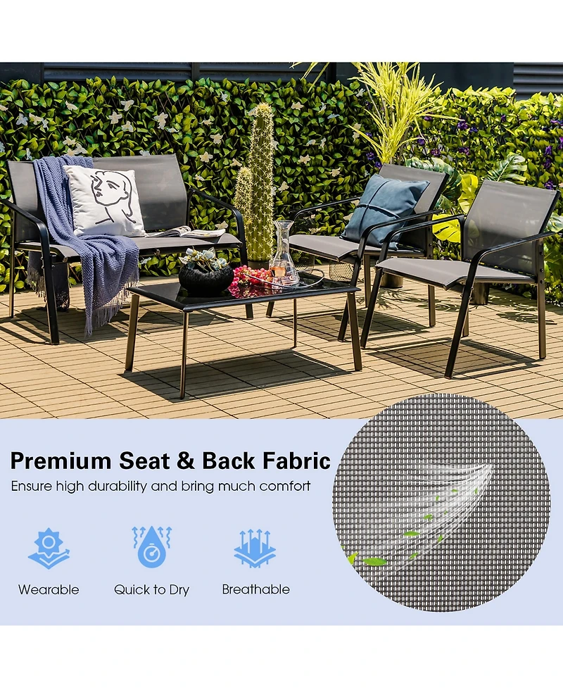 Gymax 4PCS Patio Conversation Futniture Set w/ Fabric and Anti-Rust Steel Frame Grey