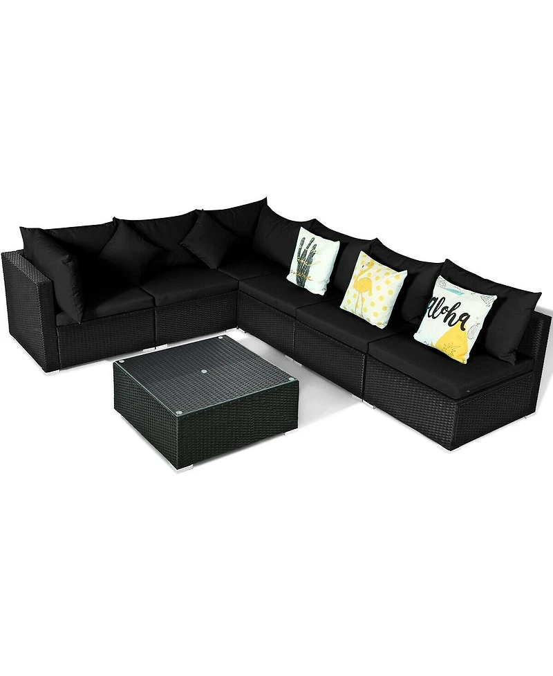 Sugift 7 Pieces Sectional Wicker Furniture Sofa Set with Tempered Glass Top