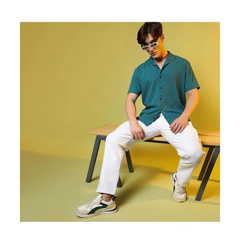 Men's Teal Green Self-Design Pom-Pom Shirt