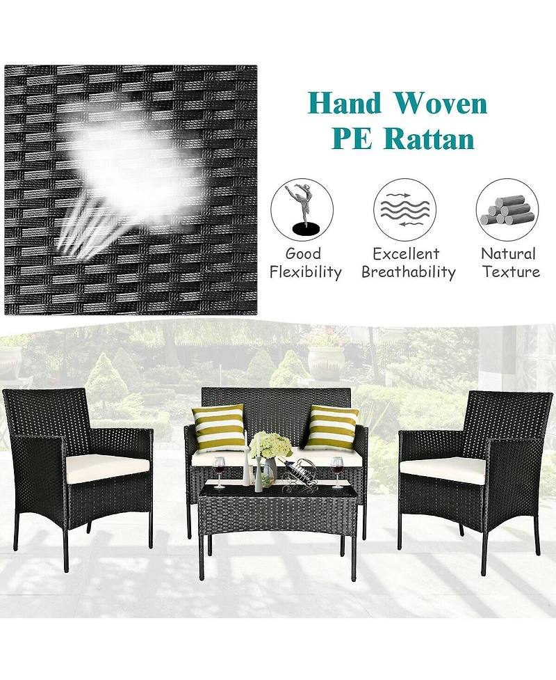 Sugift 4 Pieces Patio Rattan Cushioned Conversation Sets with Tempered Glass Coffee Table