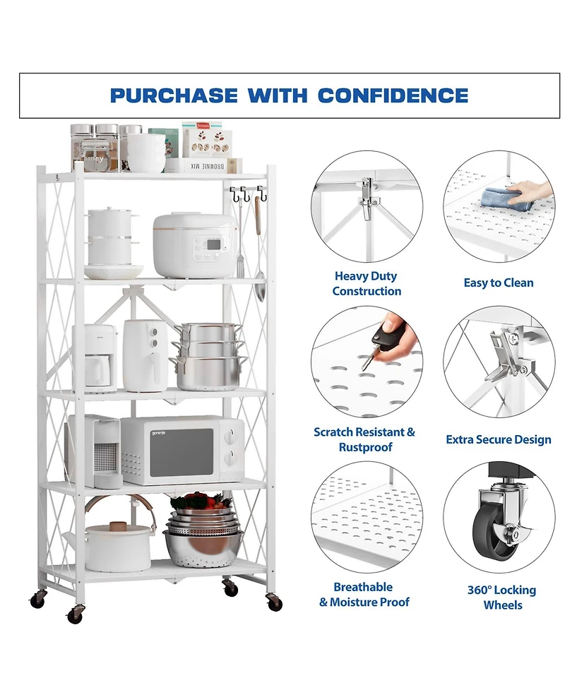 Sugift 5-Tier Folding Storage Shelves Metal Folding Shelves with Wheels, 750Lbs Capacity, White