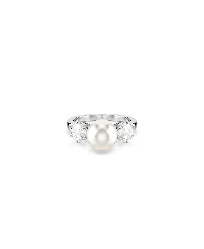Swarovski Crystal Pearl, Round Cut, White, Rhodium Plated Matrix Ring