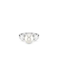 Swarovski Crystal Pearl, Round Cut, White, Rhodium Plated Matrix Ring