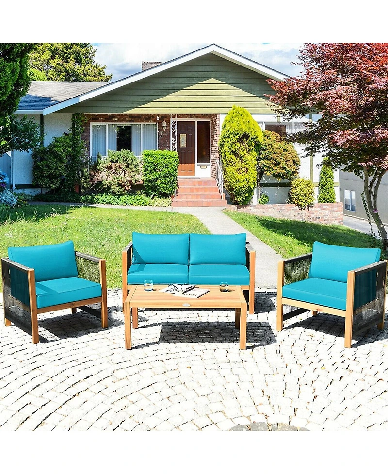 Sugift 4 Pieces Acacia Wood Sofa Set with Cushions for Outdoor Patio-Blue