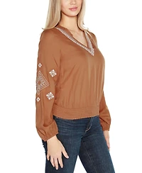 Belldini Black Label Women's Embroidered Blouson Sleeve V-Neck Blouse Top