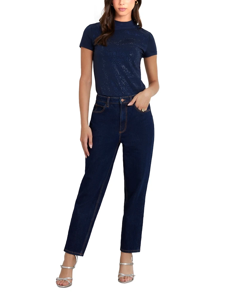 Guess Women's Rhinestone-Logo Mock-Neck Short-Sleeve Top