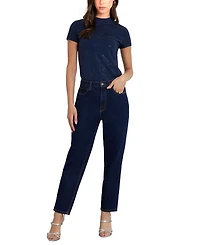 Guess Women's Rhinestone-Logo Mock-Neck Short-Sleeve Top