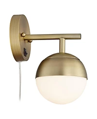 360 Lighting Luna Mid Century Modern Wall Lamp Brass Plug-in 5 1/2" Light Fixture Frosted Glass Globe for Bedroom Reading Living Room Hallway Hou