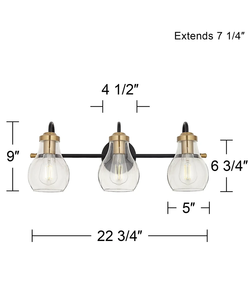 Possini Euro Design Brade Industrial Modern Wall Light Black Gold Hardwired 22.75" 3-Light Fixture Clear Glass Shades for Bedroom Bathroom Vanity Read