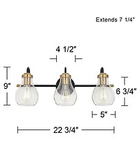 Possini Euro Design Brade Industrial Modern Wall Light Black Gold Hardwired 22.75" 3-Light Fixture Clear Glass Shades for Bedroom Bathroom Vanity Read