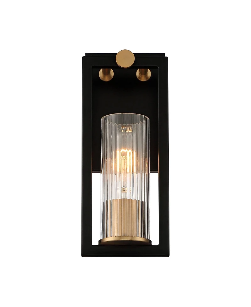 Stiffel Industrial Modern Wall Light Sconces Set of 2 Black Warm Brass Hardwired 4 1/2" Fixture Clear Ribbed Glass Shade for Bedroom Bathroom Van