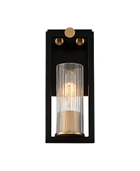 Stiffel Industrial Modern Wall Light Sconces Set of 2 Black Warm Brass Hardwired 4 1/2" Fixture Clear Ribbed Glass Shade for Bedroom Bathroom Van