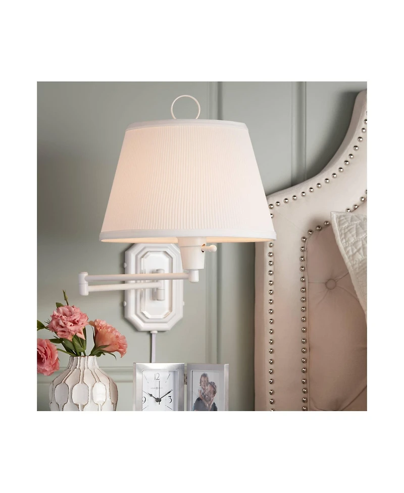 Barnes and Ivy Amelie Country Cottage Swing Arm Wall Lamp White Plug-in Light Fixture Pleated Fabric Bell Shade for Bedroom Bedside Living Room House