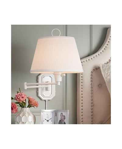 Barnes and Ivy Amelie Country Cottage Swing Arm Wall Lamp White Plug-in Light Fixture Pleated Fabric Bell Shade for Bedroom Bedside Living Room House