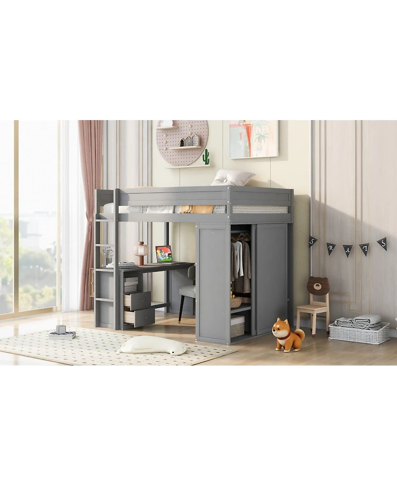 Simplie Fun Wood Full Size Loft Bed With Wardrobes And 2-Drawer Desk With Cabinet