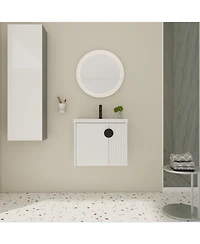 Wall-Mounted Vanity | Dual-Door with 3D Wave | Ceramic Sink | Soft-Close | Metallic