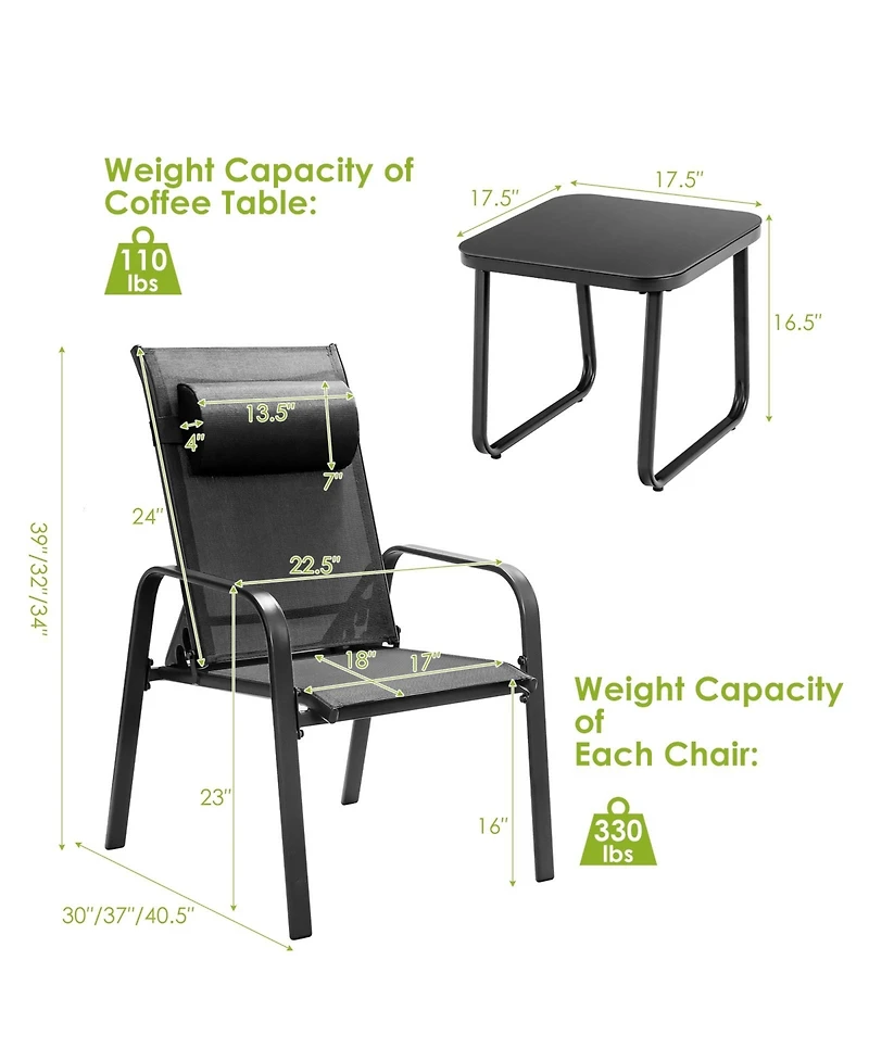 Slickblue 3 Pieces Patio Bistro Furniture Set with Adjustable Backrest