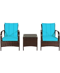 Gymax 3PCS Patio Rattan Conversation Set Outdoor Furniture Set w/ Turquoise Cushion