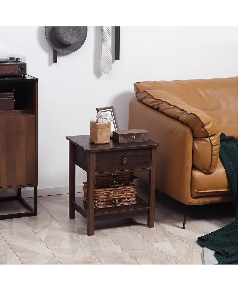 Homcom End Table with Drawer, Side Table with Bottom Shelf