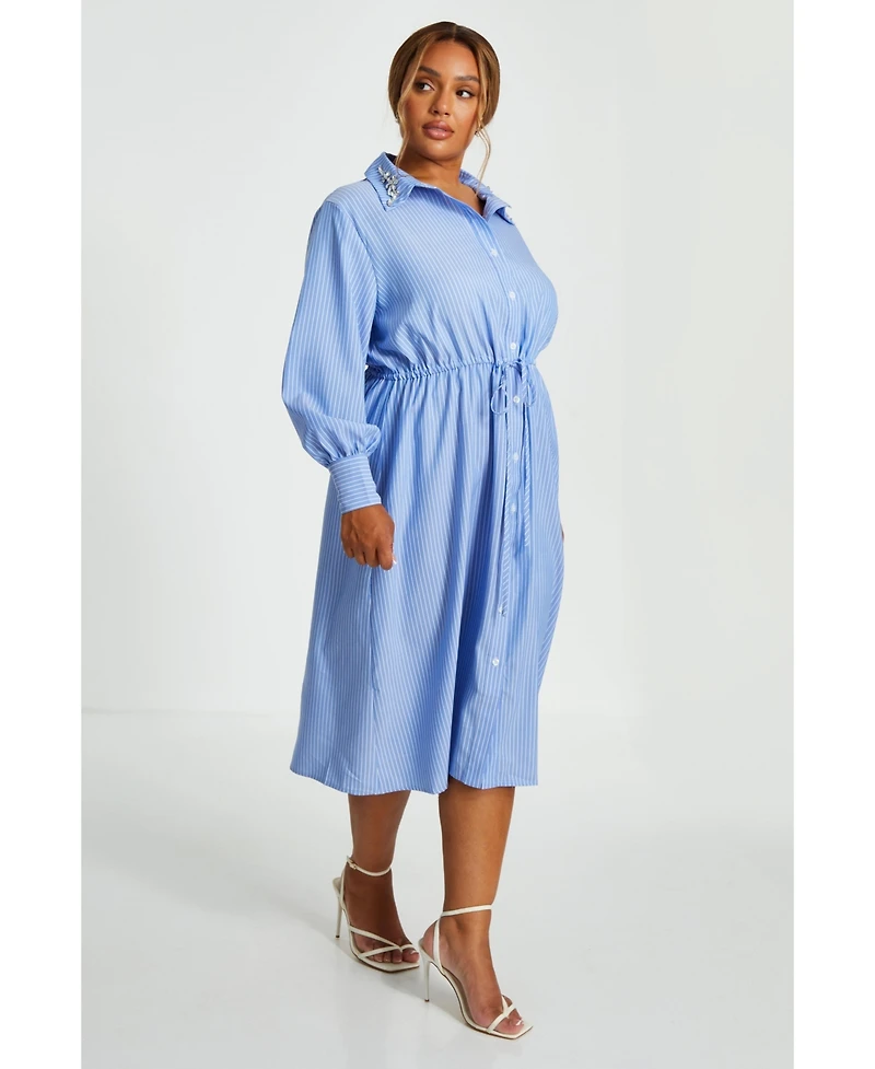 Quiz Women's Plus Stripe Tie Waist Collar Detail Midi Dress