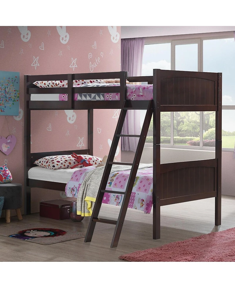 Sugift Wooden Twin Over Twin Bunk Bed Frames with Ladder and Safety Rail