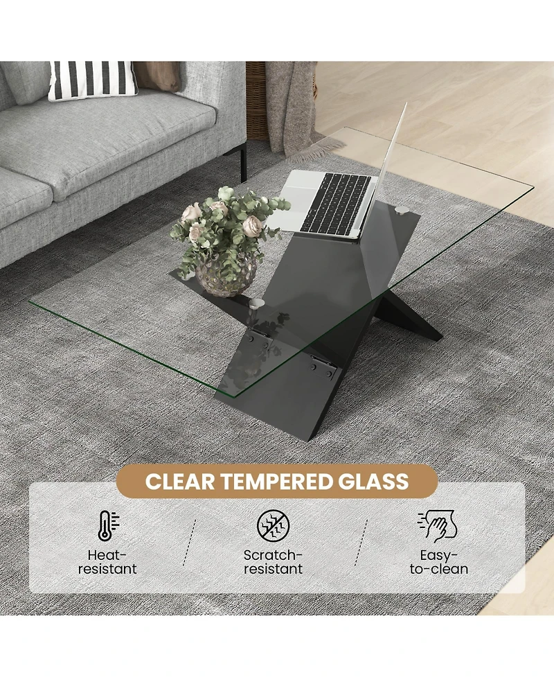 Modern Rectangle Coffee Table with Tempered Glass Top for Living Room