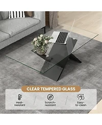 Modern Rectangle Coffee Table with Tempered Glass Top for Living Room