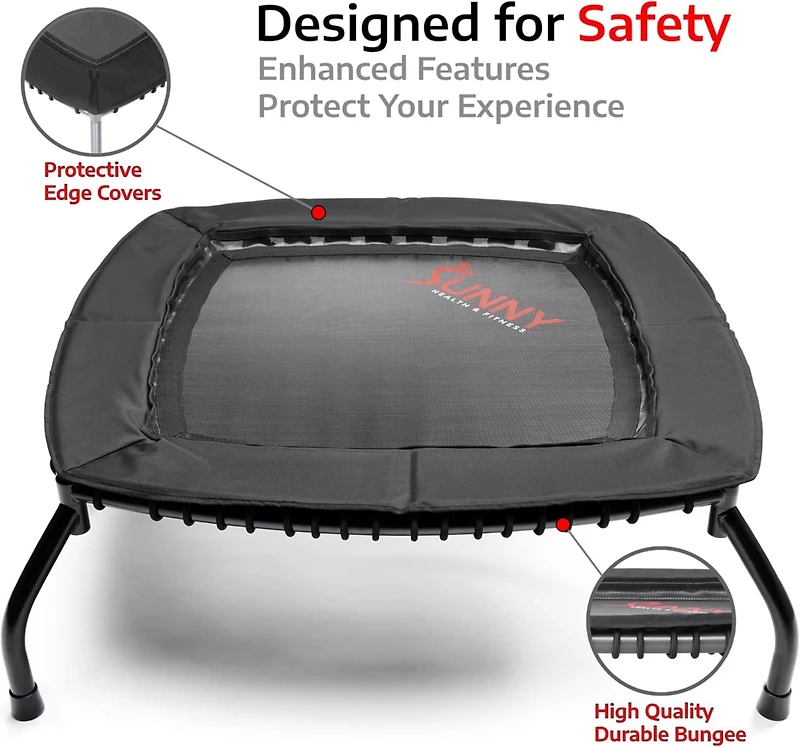 Sunny Health & Fitness Springless Mini Trampoline – Premium Adjustable Bungee-Style Indoor/Outdoor Exercise Rebounder for Quieter and Safer Wo