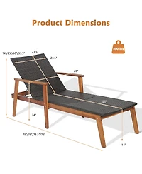 Gymax Adjustable Patio Rattan Lounge Chair Recliner Outdoor Chaise Acacia Wood Frame