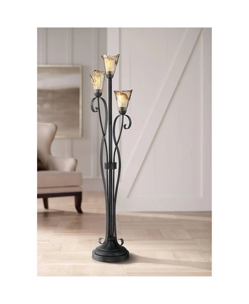 Franklin Iron Works Gardena Rustic Tree Floor Lamp 65 1/2" Tall Powder Coated Black 3 Light Wavy Amber Art Glass Shade for Living Room Reading Ho