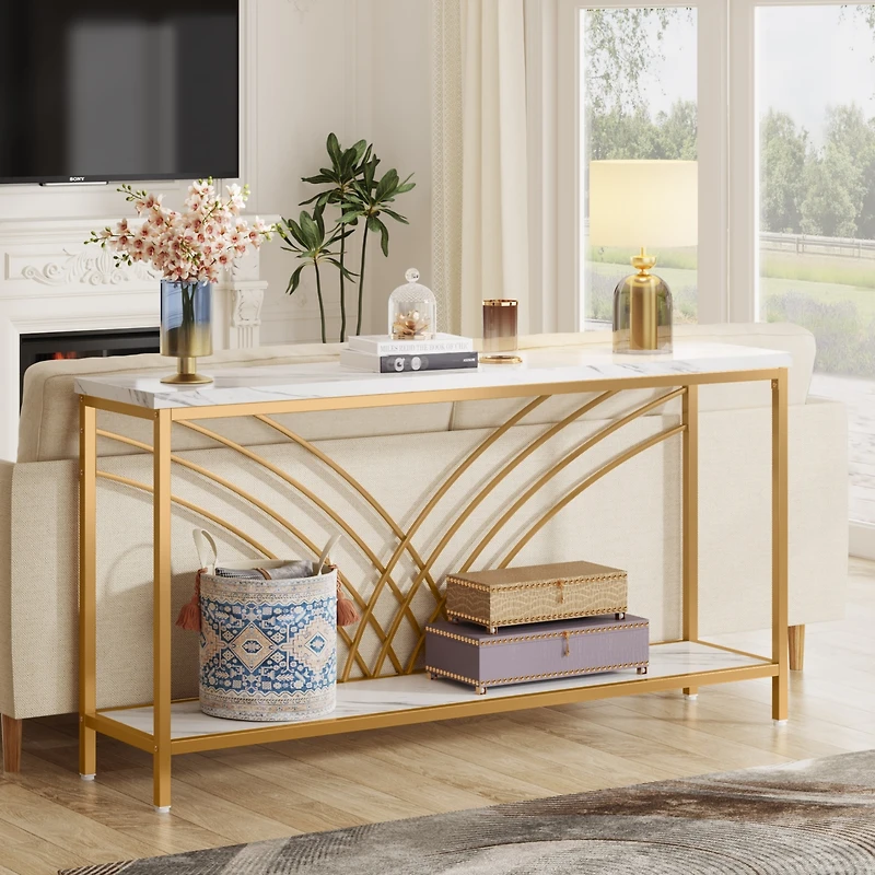 Tribesigns 70.9 inch Extra Long Console Table, Faux Marble Entryway Table with 2 Tier Storage Shelf, Narrow Sofa Table Behind Couch, Modern Hallway Ac