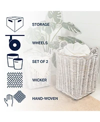Jonathan Y Arbour Rustic Hand-Woven Rattan Nesting Baskets with Wheels and Handles, White Wash/Kubu Gray (Set of 2)
