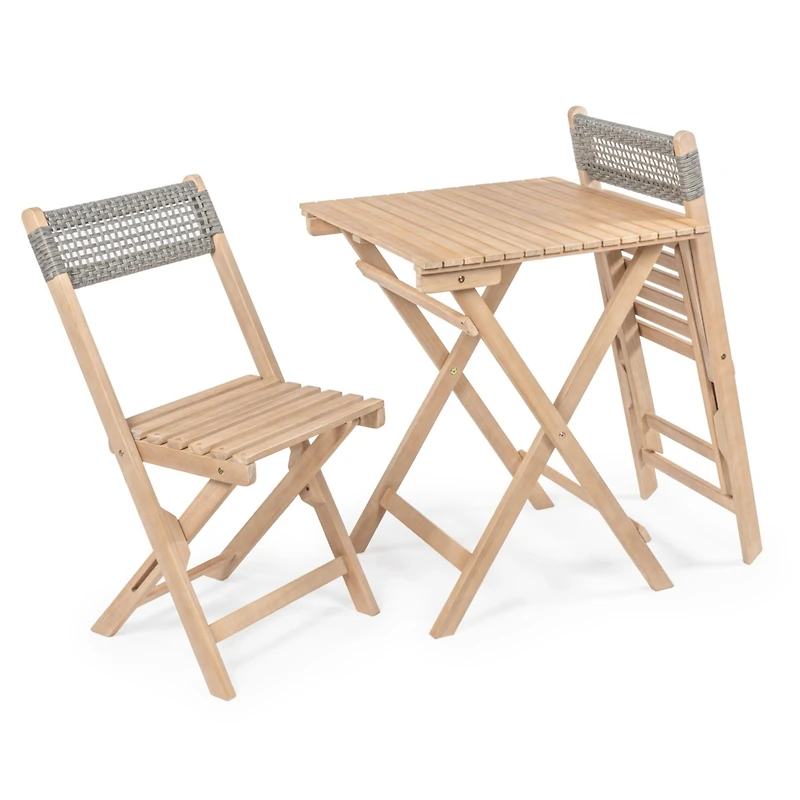 Jonathan Y Sitges Modern Mid-Century 3-Piece Roped Acacia Wood Outdoor Folding Bistro Set, Gray/Light Teak