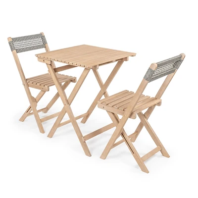 Jonathan Y Sitges Modern Mid-Century 3-Piece Roped Acacia Wood Outdoor Folding Bistro Set, Gray/Light Teak