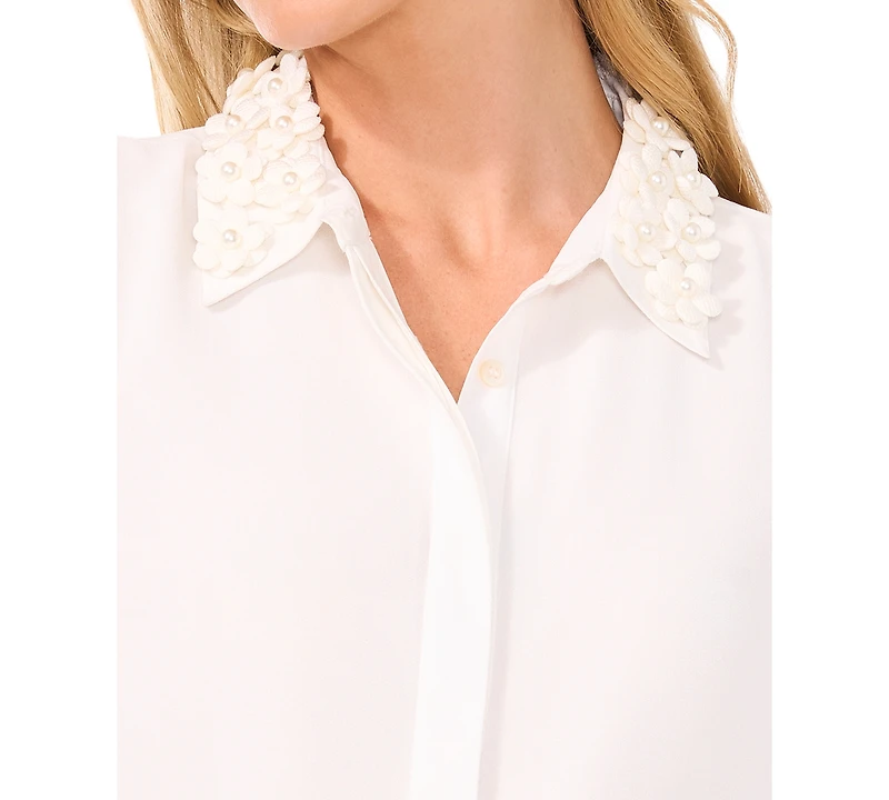 CeCe Women's Floral-Applique Collared Long-Sleeve Blouse