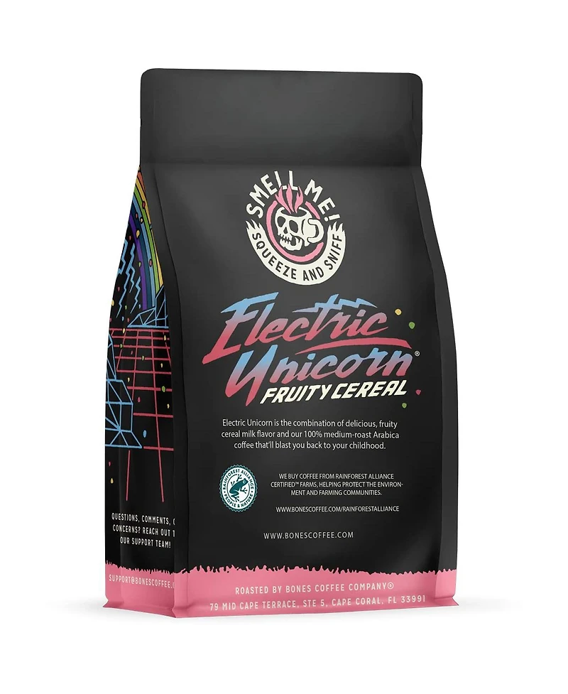 Bones Coffee Company Electric Unicorn Flavored Whole Coffee Beans Fruity Cereal With Milk Flavor | 12 oz Medium Roast Arabica Low Acid Coffee | Gourme
