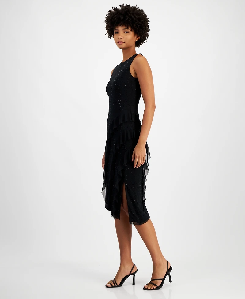 Tinsel Juniors' Round-Neck Studded Asymmetric-Ruffle Dress
