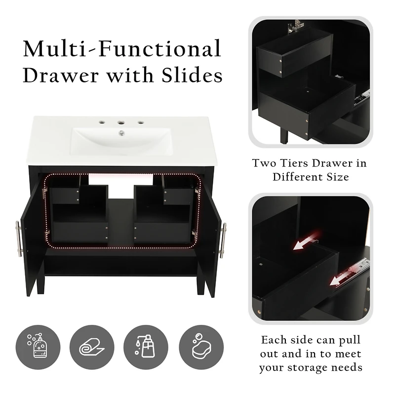 36" Black Bathroom Vanity with Sink, Mdf Cabinet with Doors & Drawers
