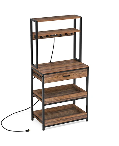 Tribesigns Bakers Rack with Power Outlets, 5-Tier Kitchen Storage Shelf, Microwave Oven Stand with Drawer, Kitchen Rack with 6 Hooks