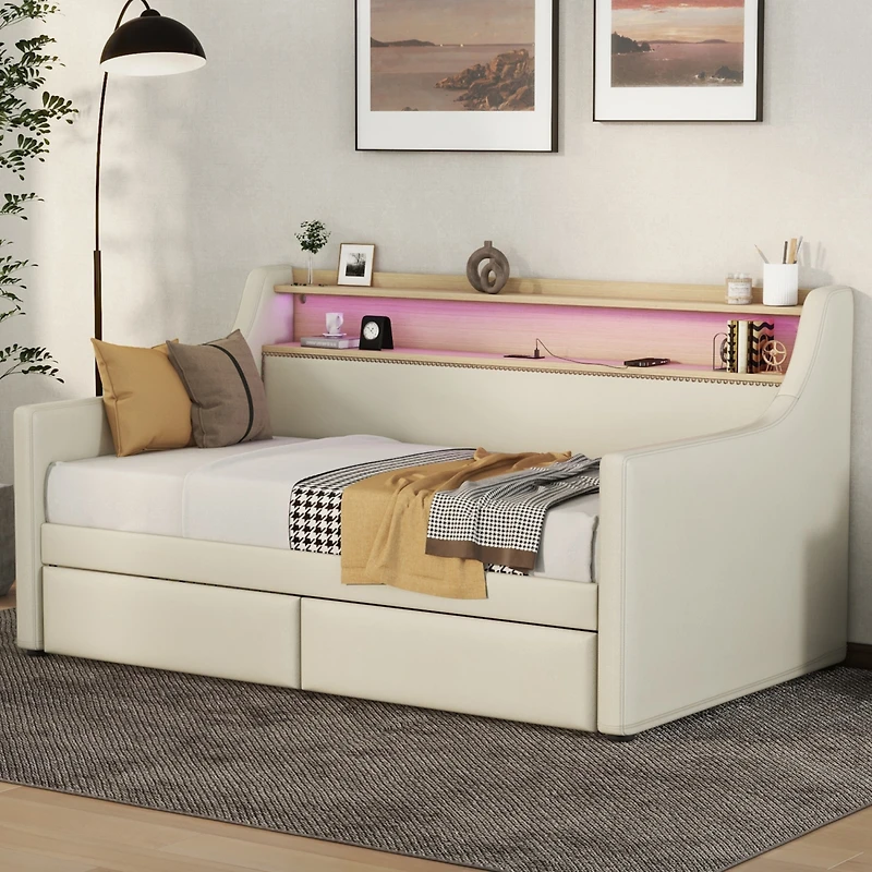 Simplie Fun Twin Daybed with Storage, Charging Station, Led Lights, and Bronze Nailhead Trim