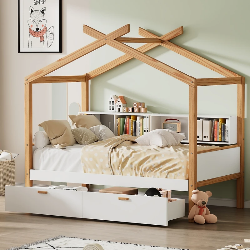 Streamdale Whimsical House Bed with Drawers and Bookshelves