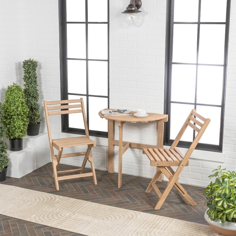 Jonathan Y Cadiz Classic French Country 3-Piece Acacia Wood Half-Round Outdoor Folding Bistro Set, Light Teak