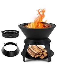 Slickblue 20 Inch Patio Fire Pit Metal Camping Fire Bowl with Pot Holder and Storage Shelf-Black