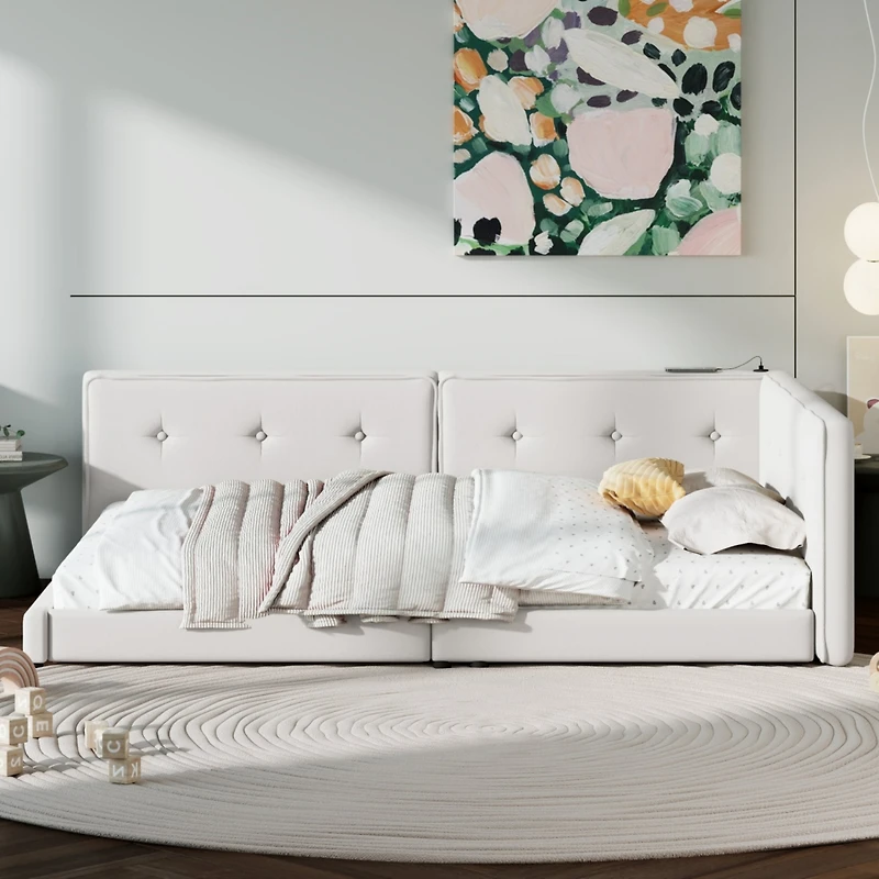 Streamdale Upholstered Full Bed with Usb Ports and Led Belt, Beige