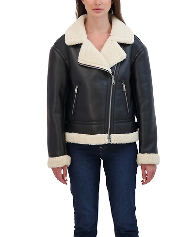 Sebby Collection Women's Moto Zip Front Faux Leather Shearling Jacket