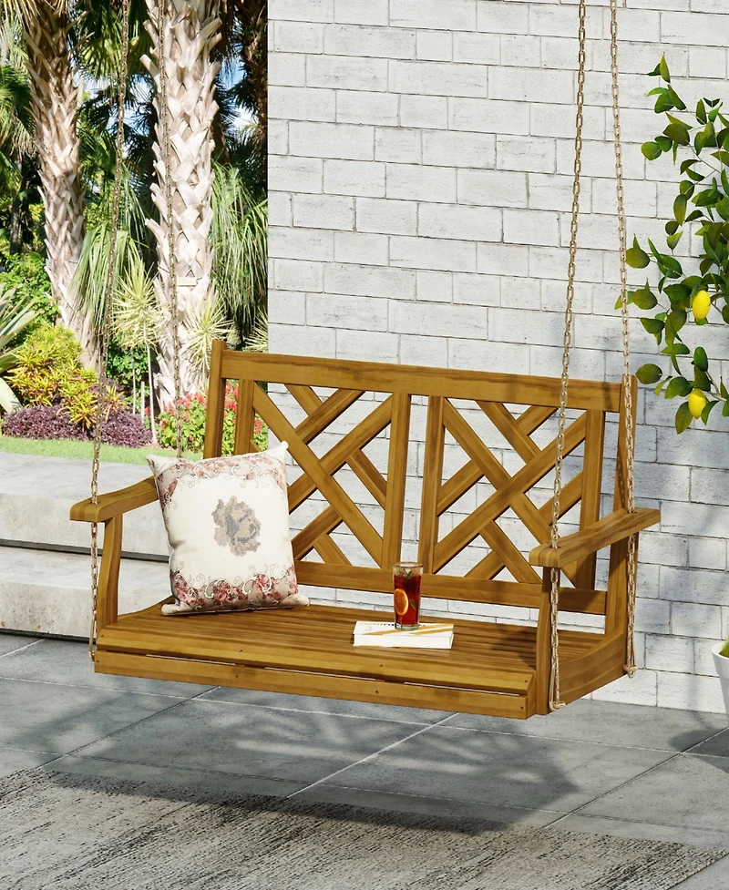 Simplie Fun Acacia Wood Porch Swing With Slat Panel Seating